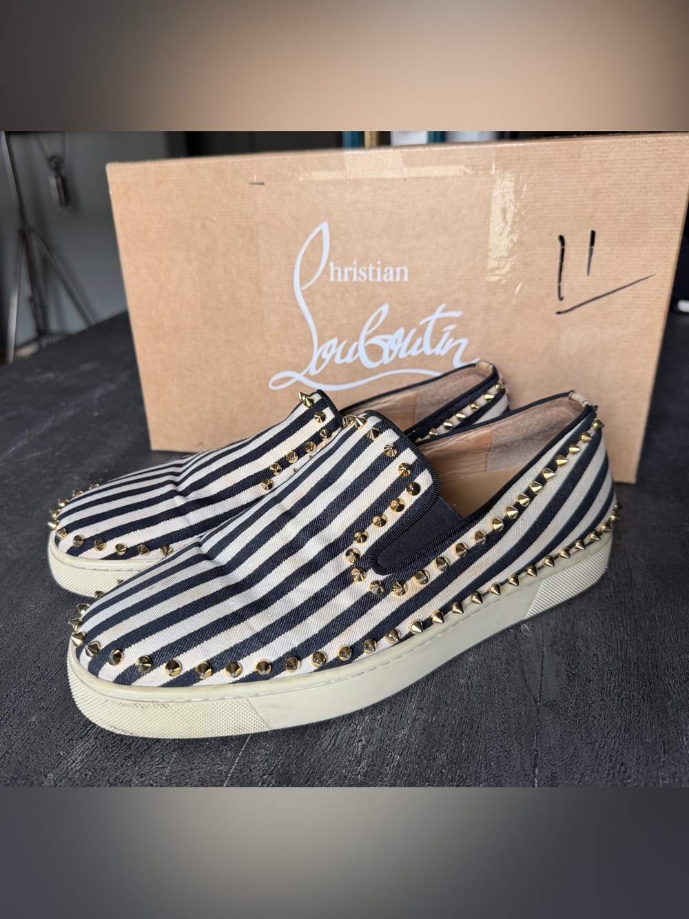 Christian Louboutin Navy and White Striped gold Studded Slip-Ons